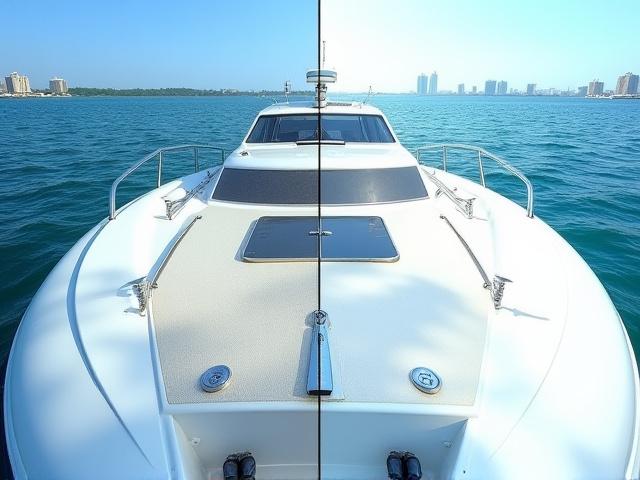 Before and after of a boat's exterior after professional pressure washing on Lagos waters